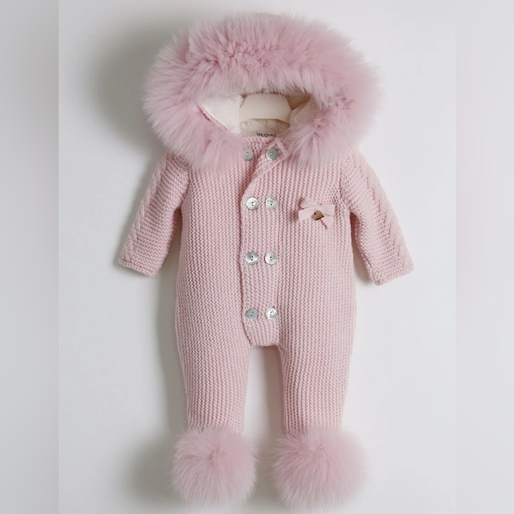 Adorable Pink Knit Footie with Fluffy Hood